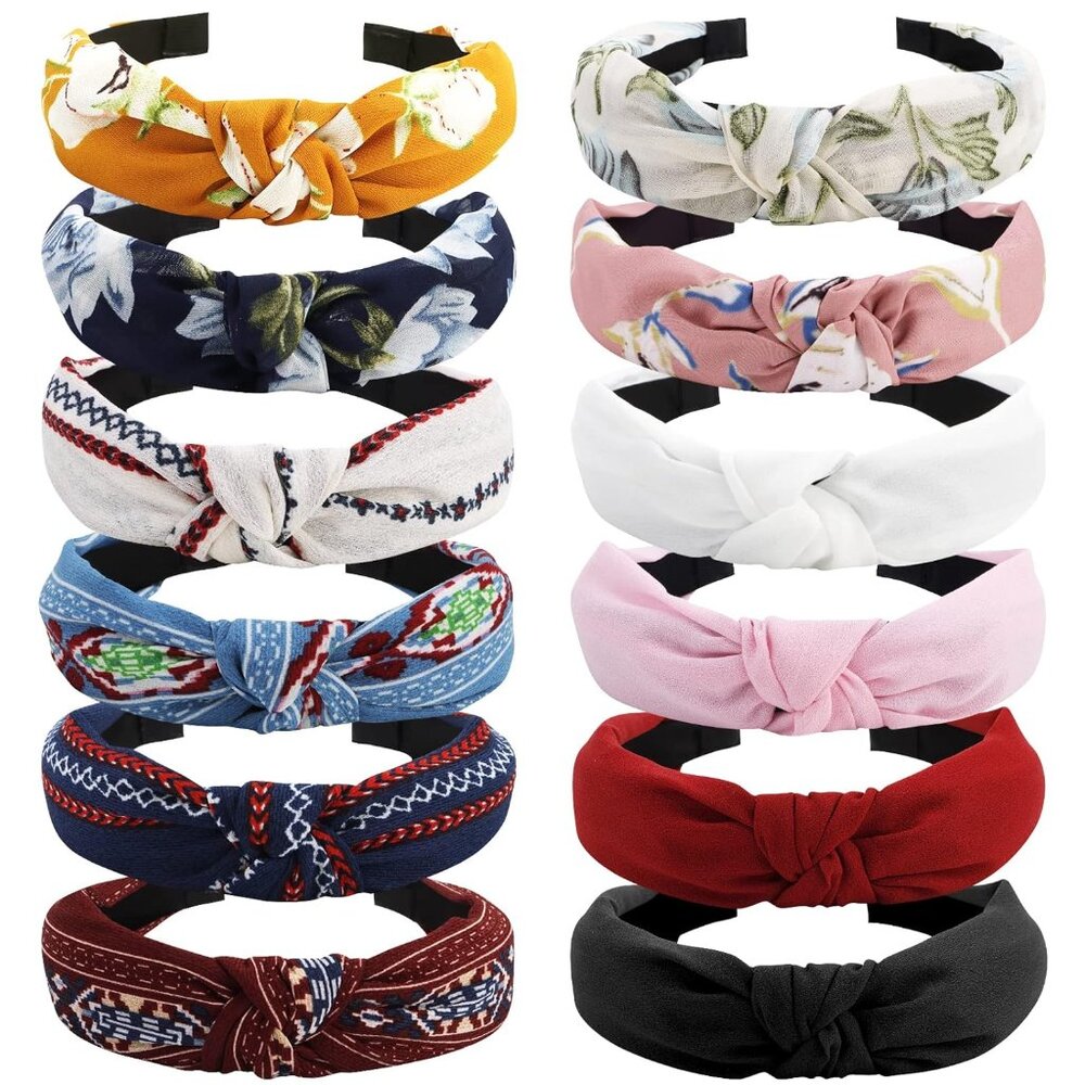 12 Pack Flower Headbands for Women - Non-Slip Wide Boho Knotted Hair Accessories
